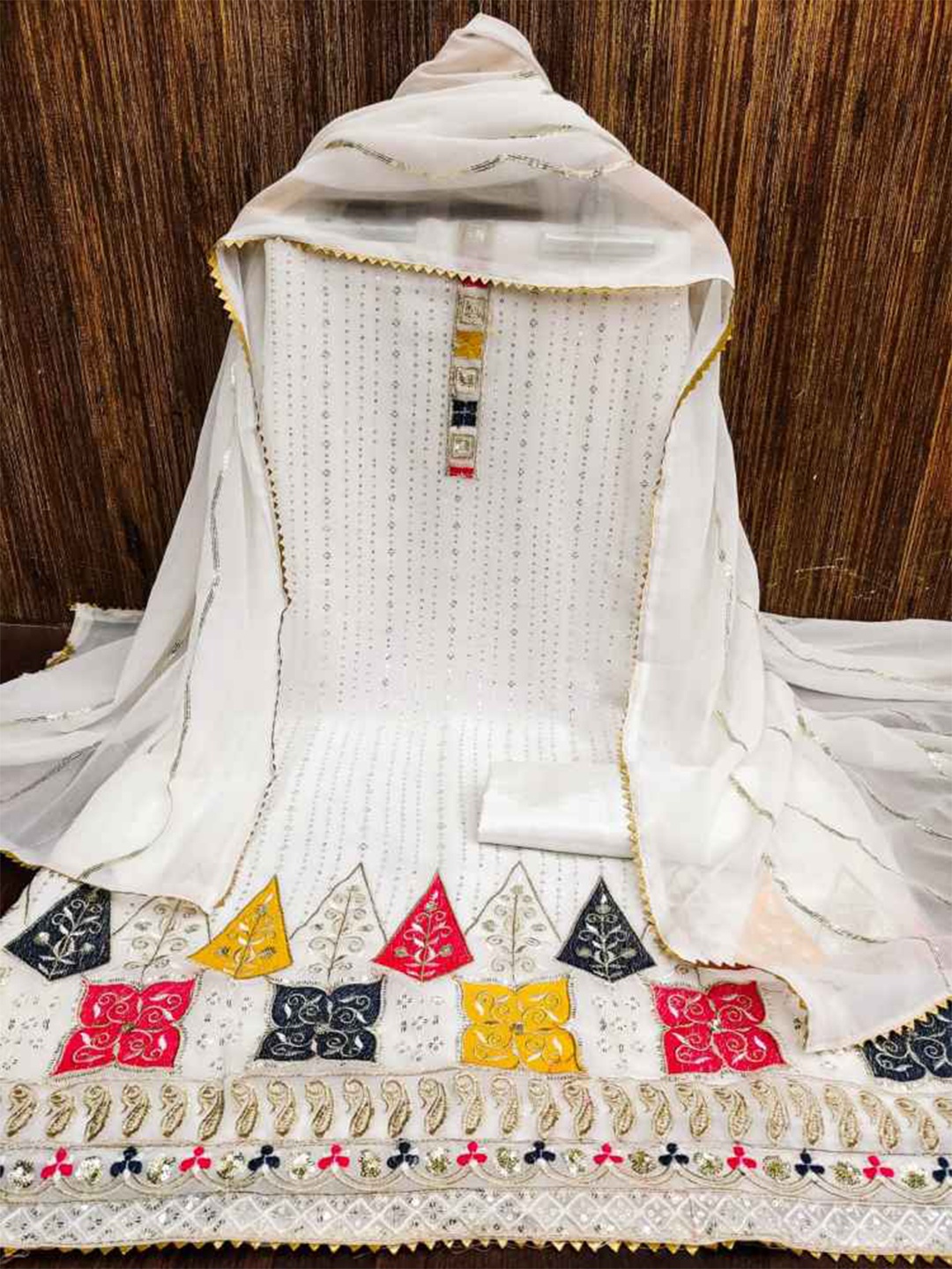 

faxofab Embroidered Silk Chiffon Unstitched Dress Material, White