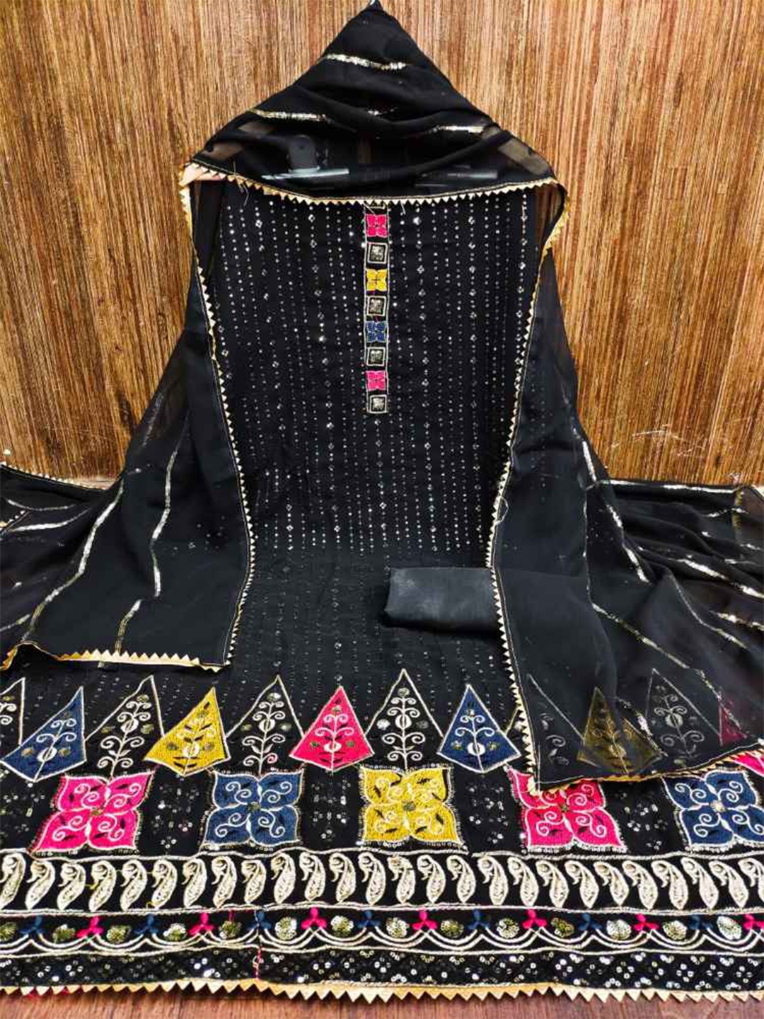 

faxofab Embroidered Silk Chiffon Unstitched Dress Material, Black