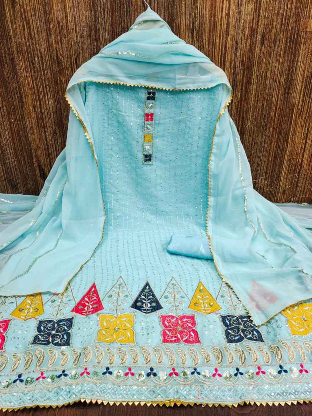 

faxofab Embroidered Silk Chiffon Unstitched Dress Material, Blue