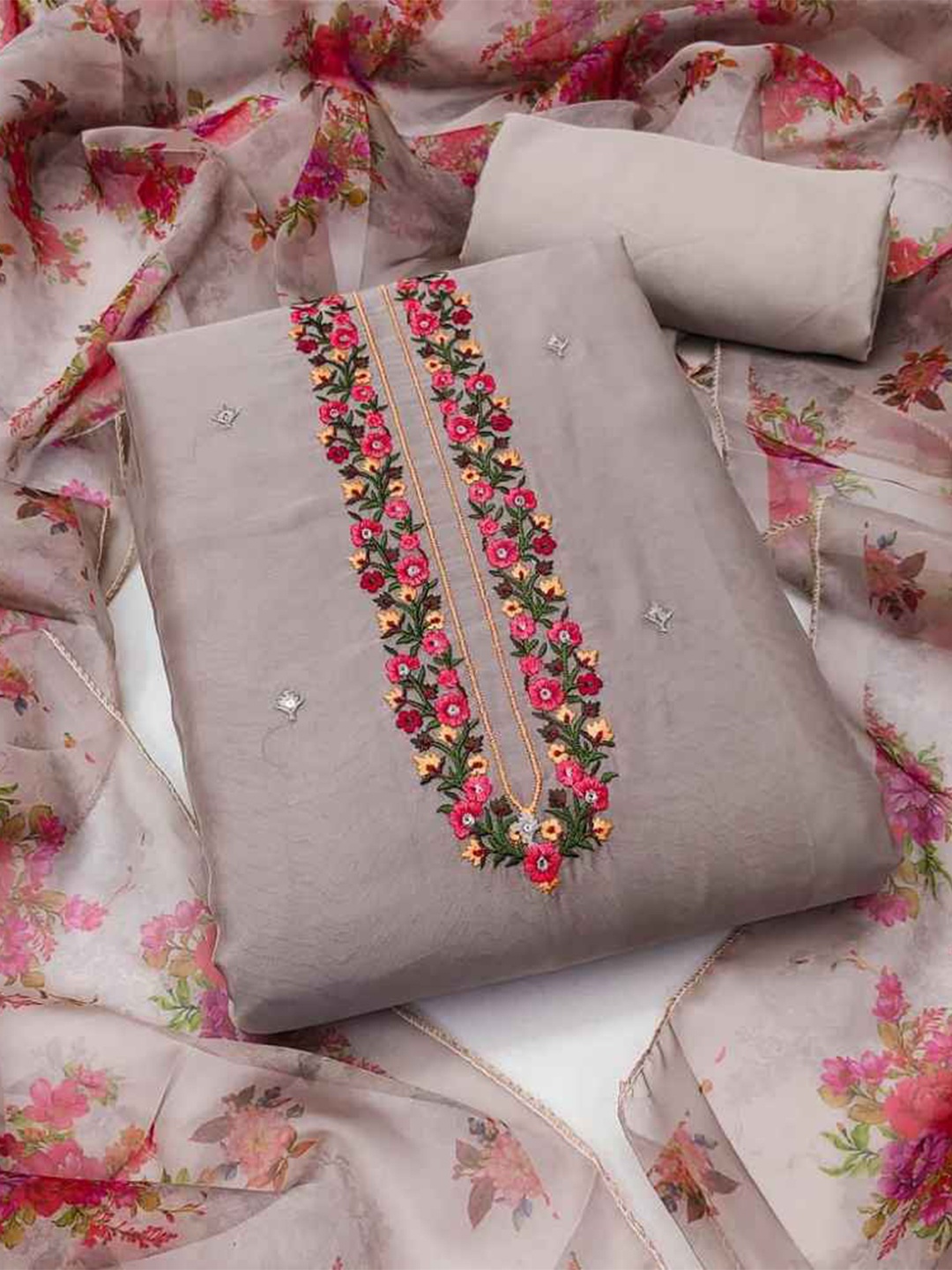 

faxofab Embroidered Organza Unstitched Dress Material, Grey