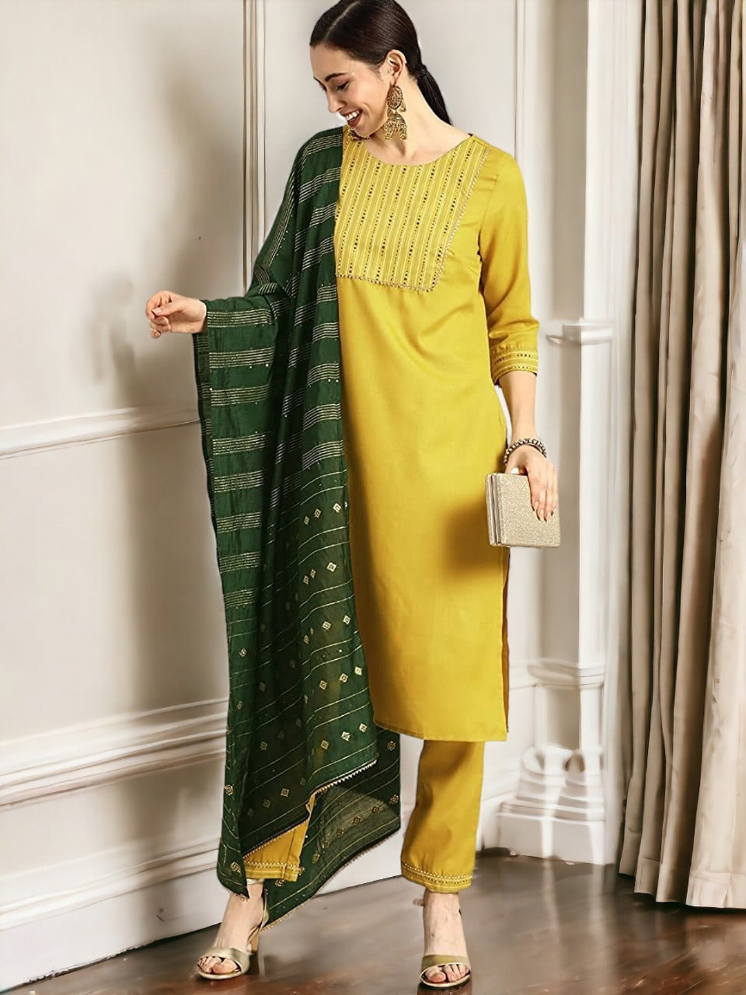 

MORLY Women Yoke Design Regular Gotta Patti Kurta with Trousers & With Dupatta, Yellow