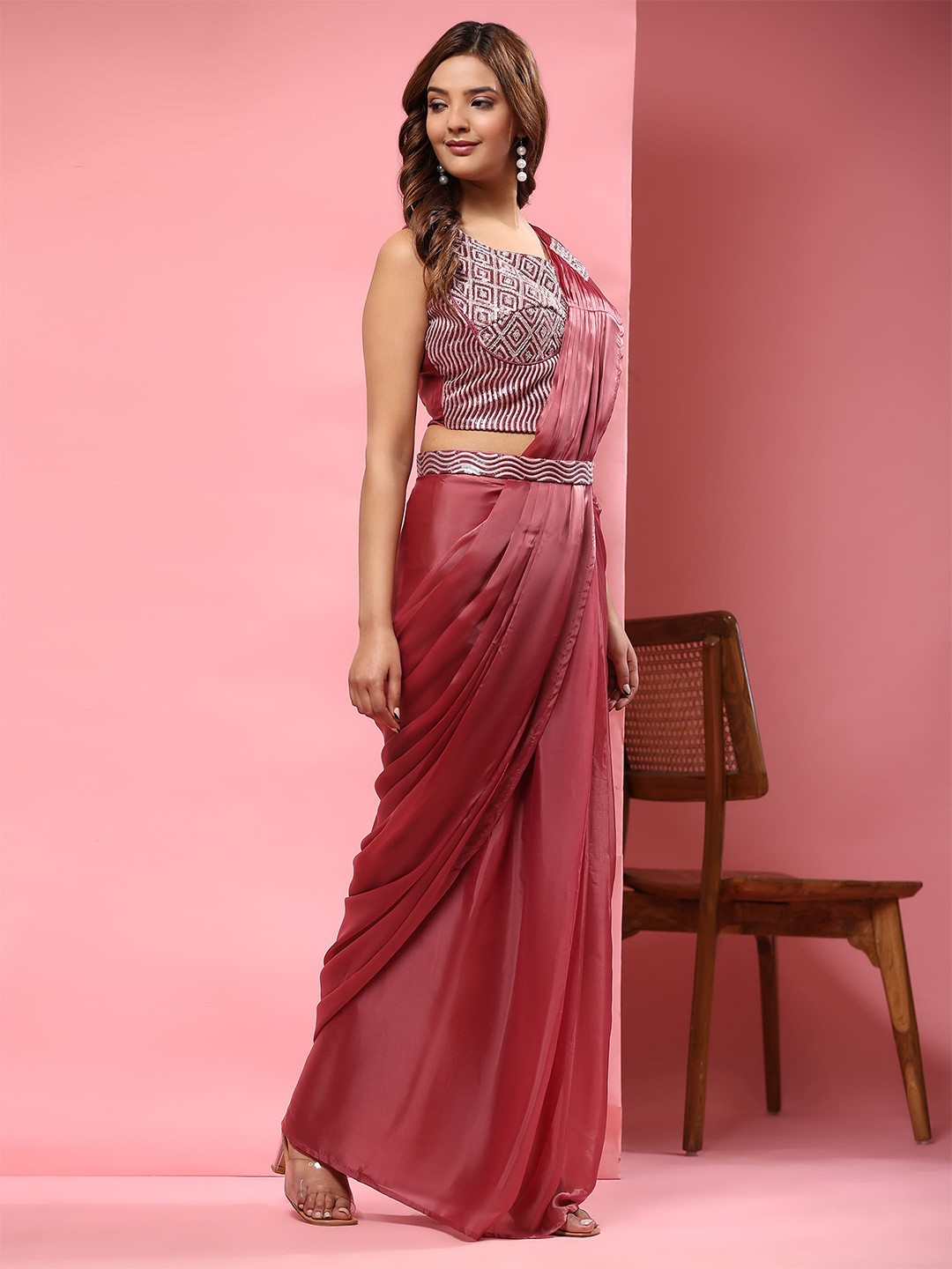 

AMOHA TRENDZ Satin Ready to Wear Saree With stitched Blouse and Belt, Pink