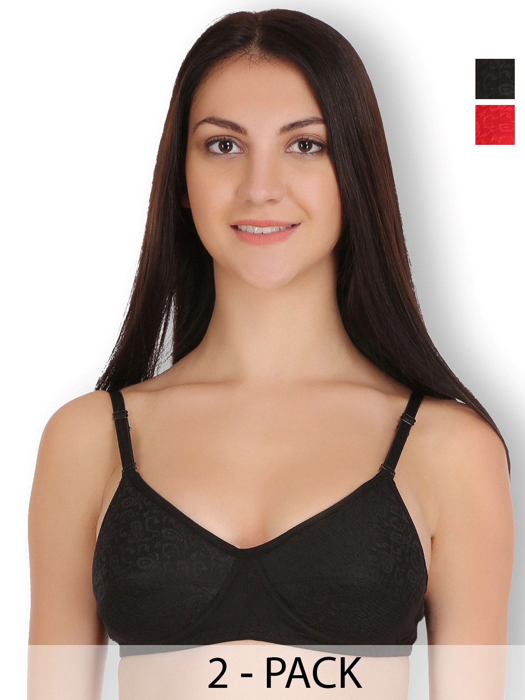 

SELFCARE Pack Of 2 Self Design Lightly Padded Cotton T-shirt Bra- All Day Comfort, Red