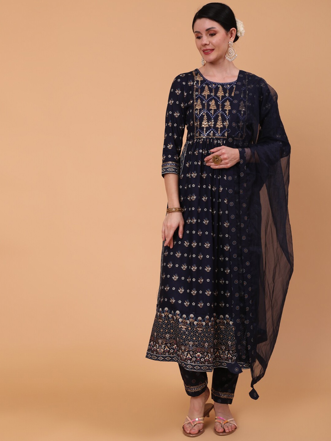 

GULMOHAR JAIPUR Floral Printed Thread Work A-Line Kurta & Trousers With Dupatta, Navy blue