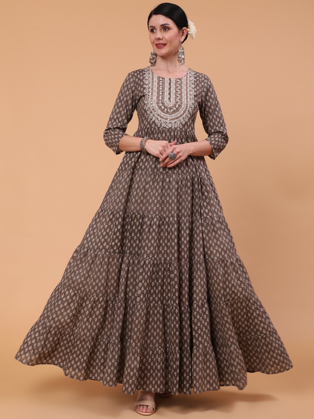 

GULMOHAR JAIPUR Ethnic Motifs Yoke Design Cotton Anarkali Kurta, Brown