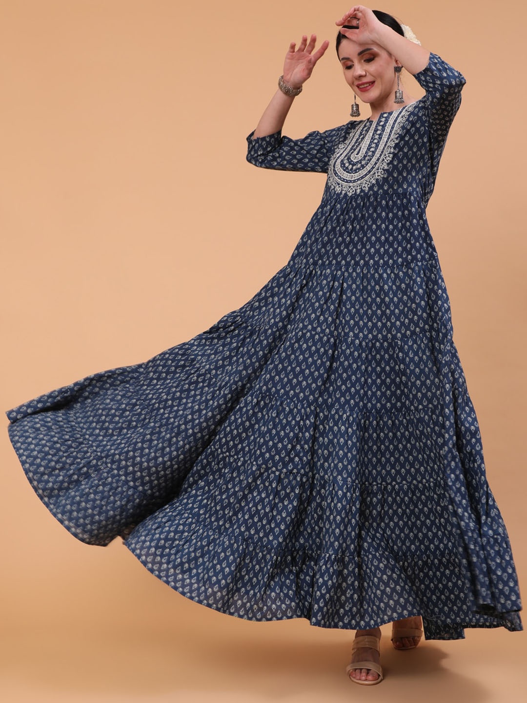 

GULMOHAR JAIPUR Geometric Cotton Pleated Flared Sleeves A-Line Kurta, Blue