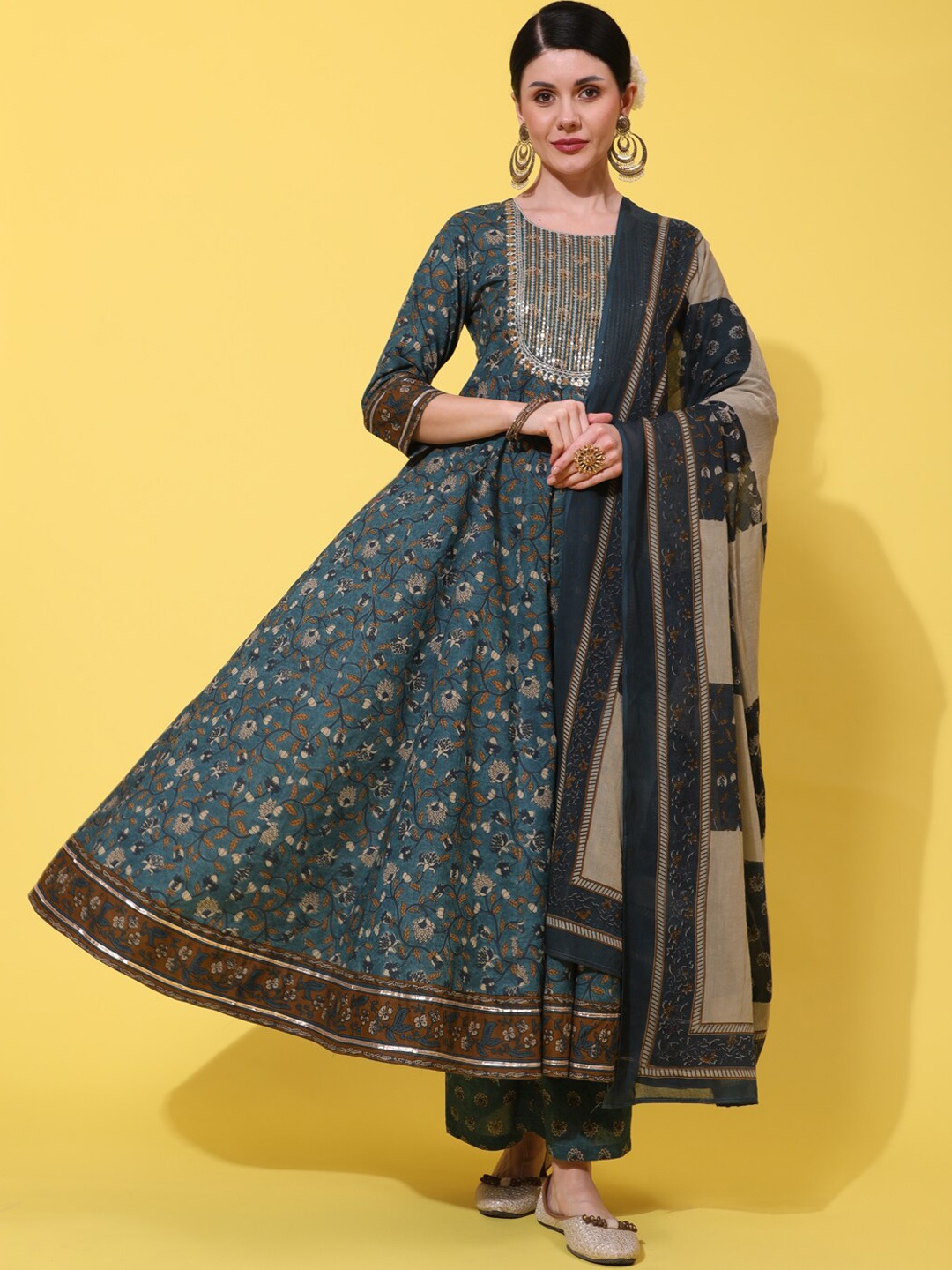 

GULMOHAR JAIPUR Floral Printed Thread Work Pure Cotton Kurta with Palazzos With Dupatta, Teal