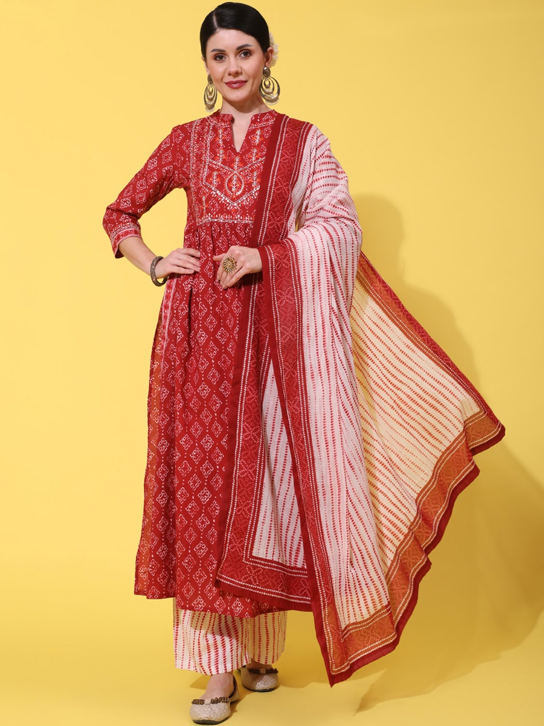 

GULMOHAR JAIPUR Floral Printed Thread Work Pure Cotton Kurta With Trousers & Dupatta, Maroon