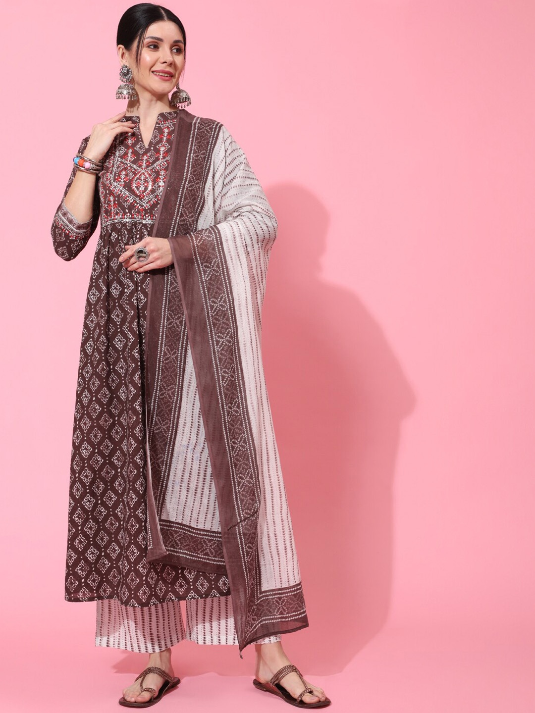 

GULMOHAR JAIPUR Floral Printed Thread Work Pure Cotton Kurta With Trousers & Dupatta, Brown