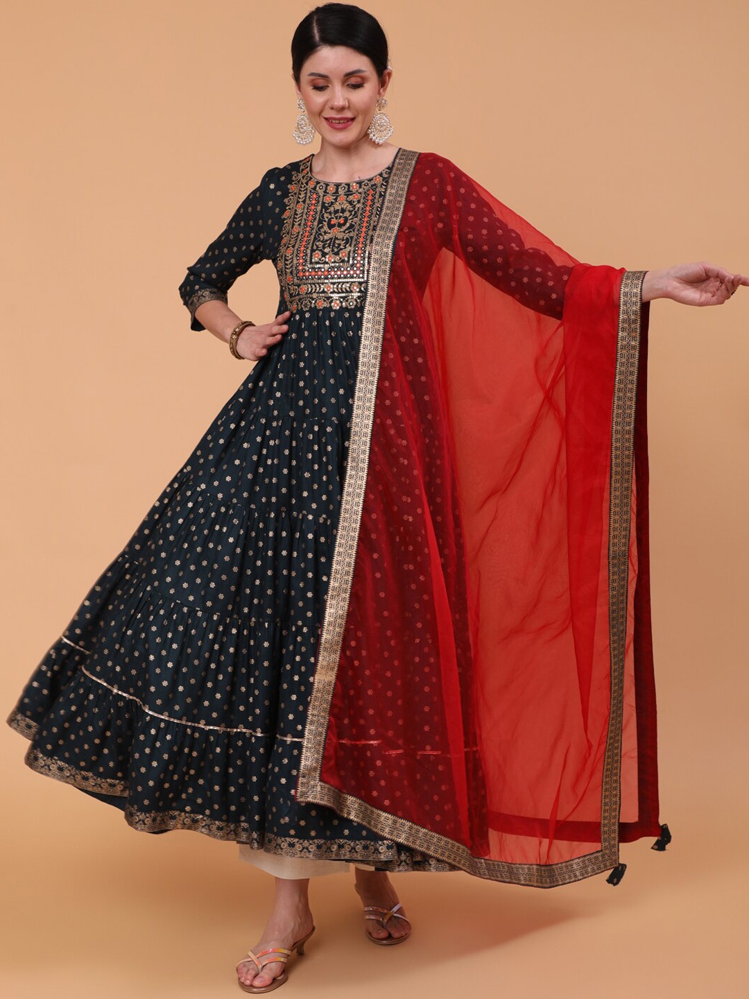 

GULMOHAR JAIPUR Floral Printed Round Neck Gotta Patti Anarkali Kurta With Dupatta, Teal