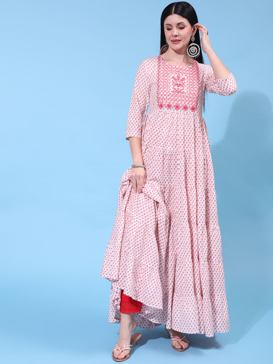 

GULMOHAR JAIPUR Floral Yoke Design Mirror Work Cotton Anarkali Kurta, White