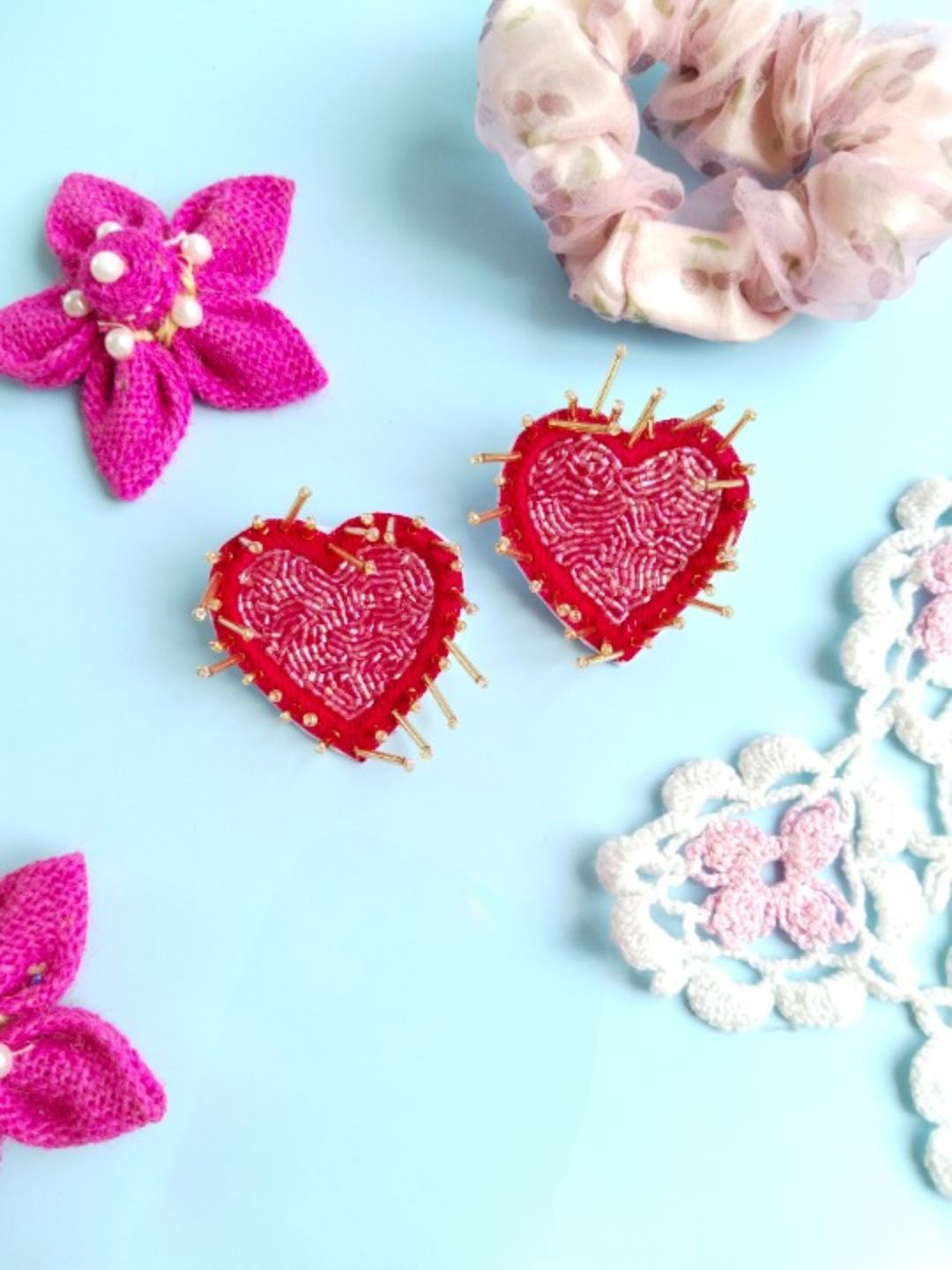 

DressBerry Beaded Heart Shaped Stud Earrings, Red