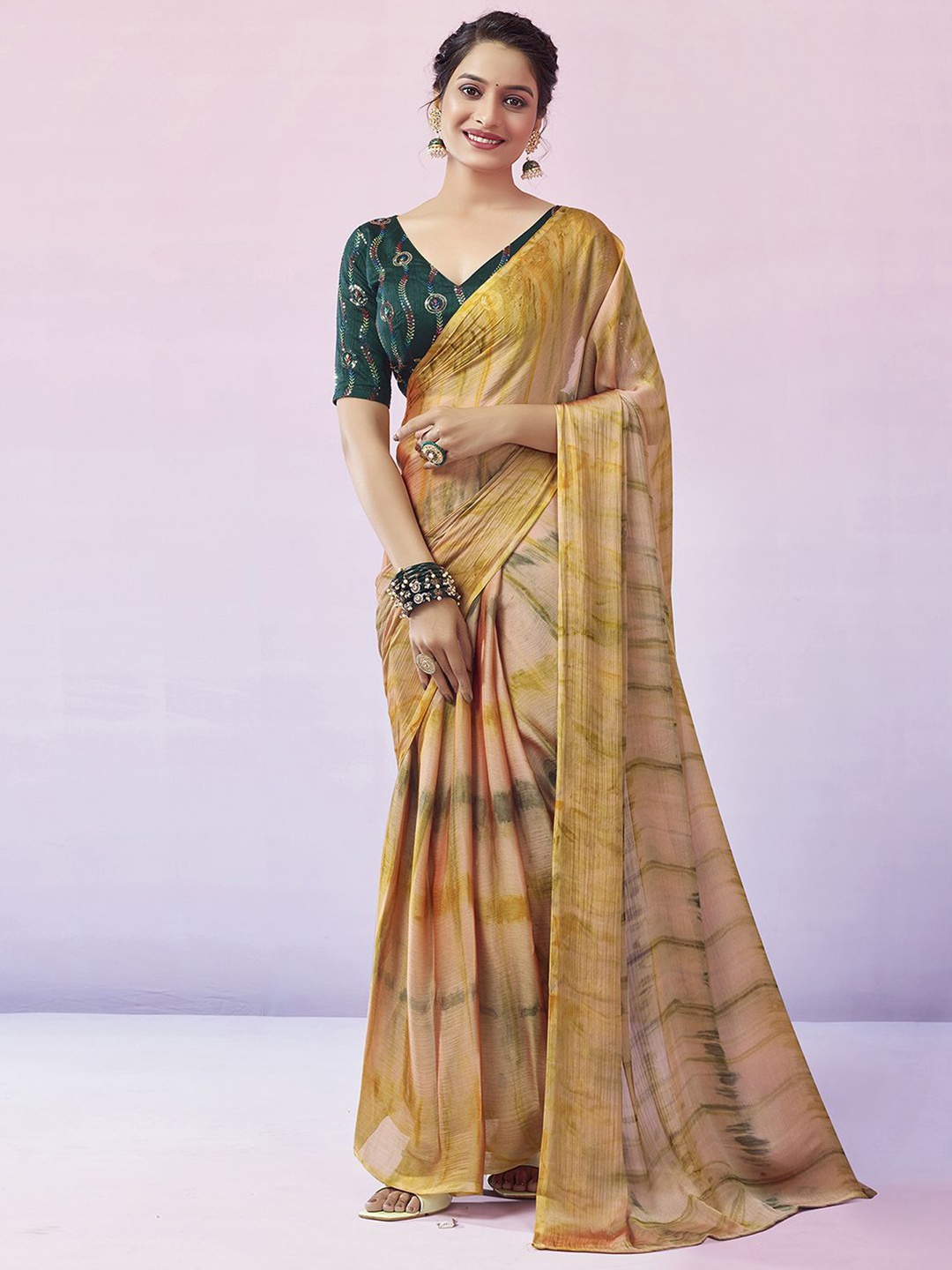 

Mitera Beige & Brown Ombre Leheriya Ready To Wear Saree