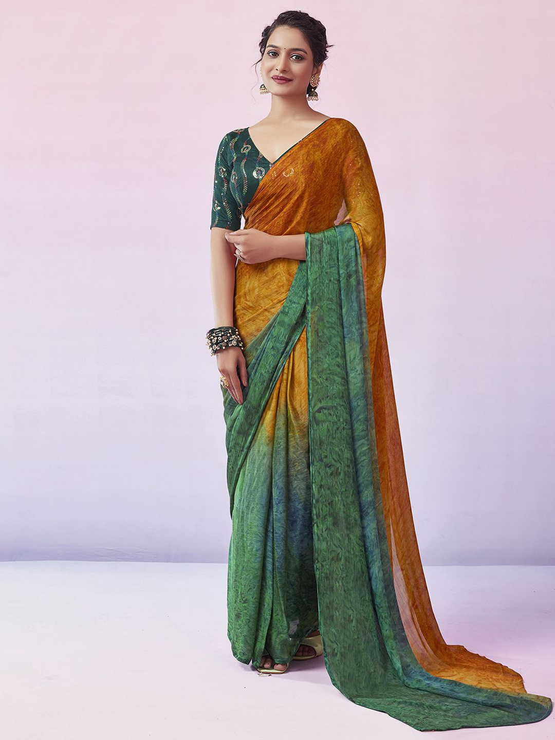 

Mitera Ombre Printed Bagru Ready To Wear Saree, Yellow