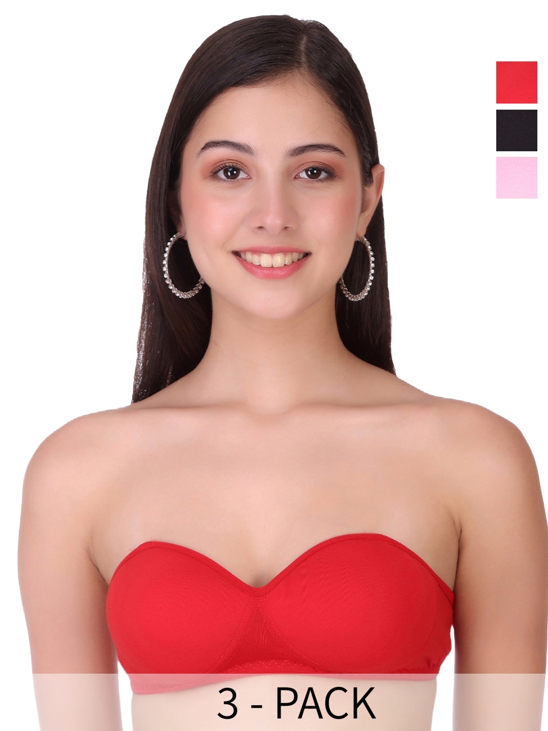 

SELFCARE Pack Of 3 Anti Odour Lightly Padded Pure Cotton Bandeau Bra With All Day Comfort, Red