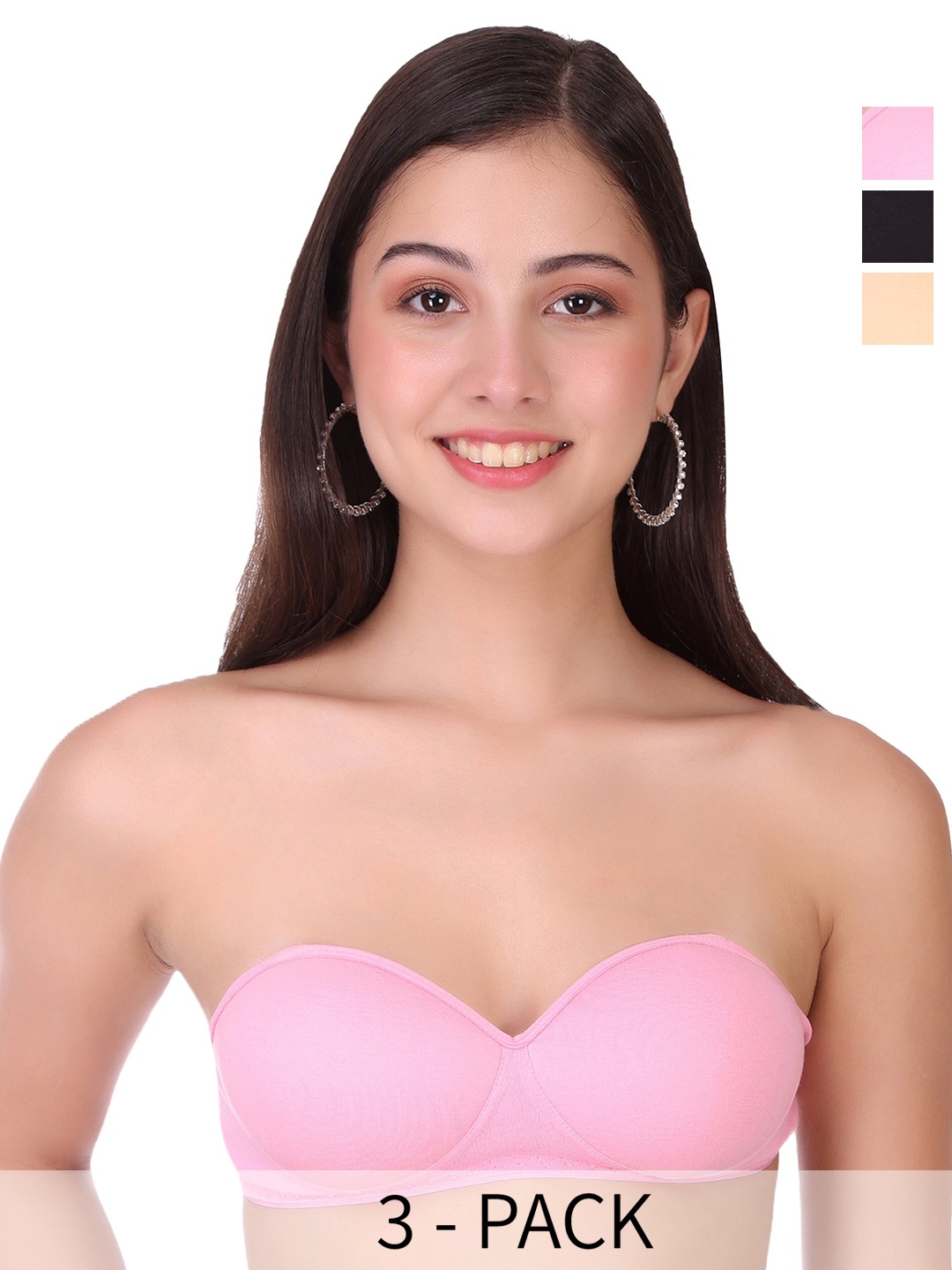 

SELFCARE Pack Of 3 Half Coverage Lightly Padded Bandeau Bras With All Day Comfort, Pink