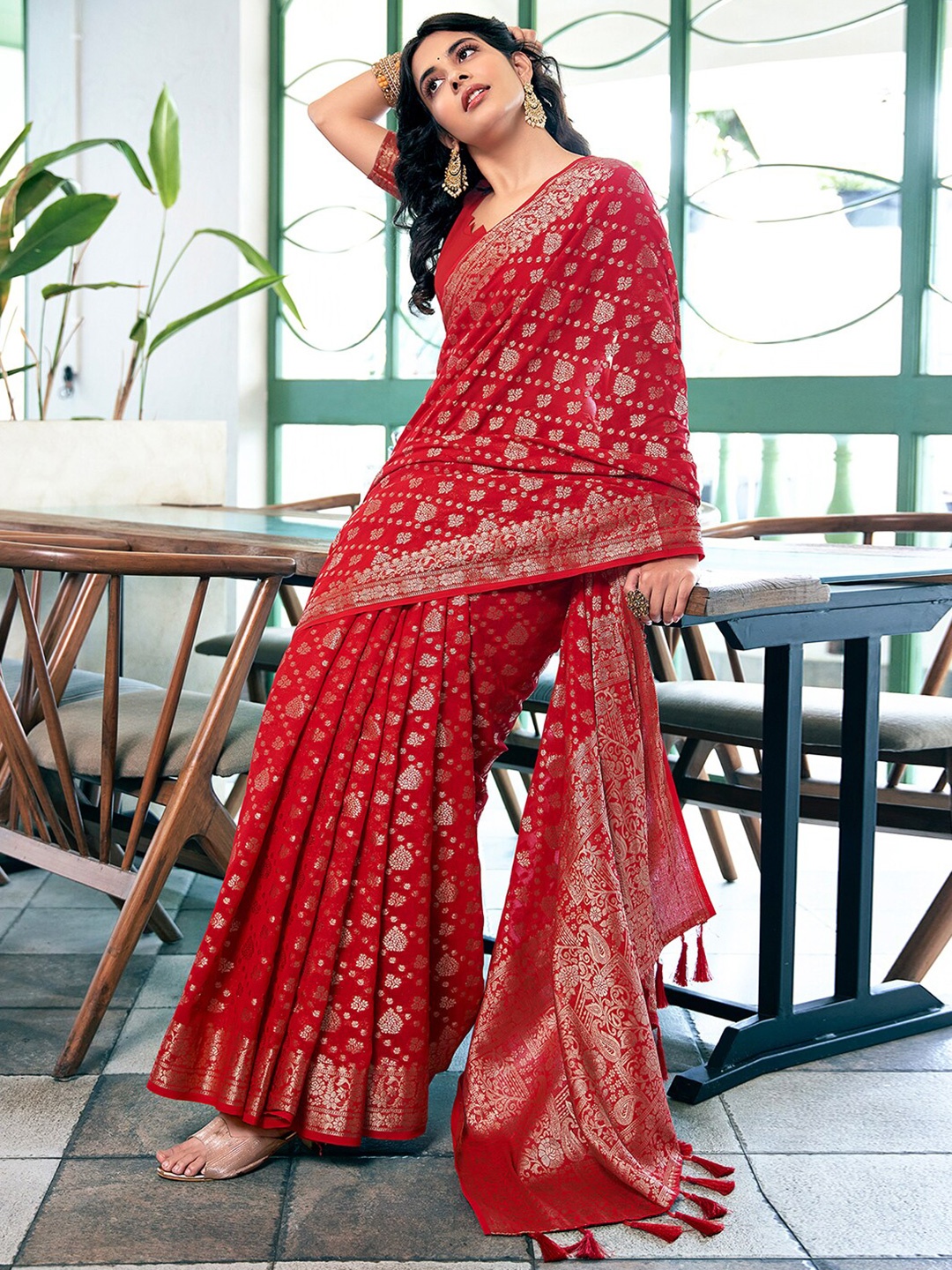 

Satrani Woven Design Zari Banarasi Saree, Red