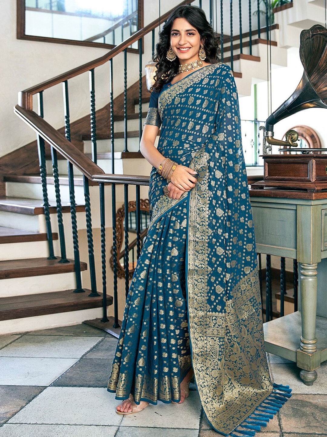 

Satrani Woven Design Zari Banarasi Saree, Blue