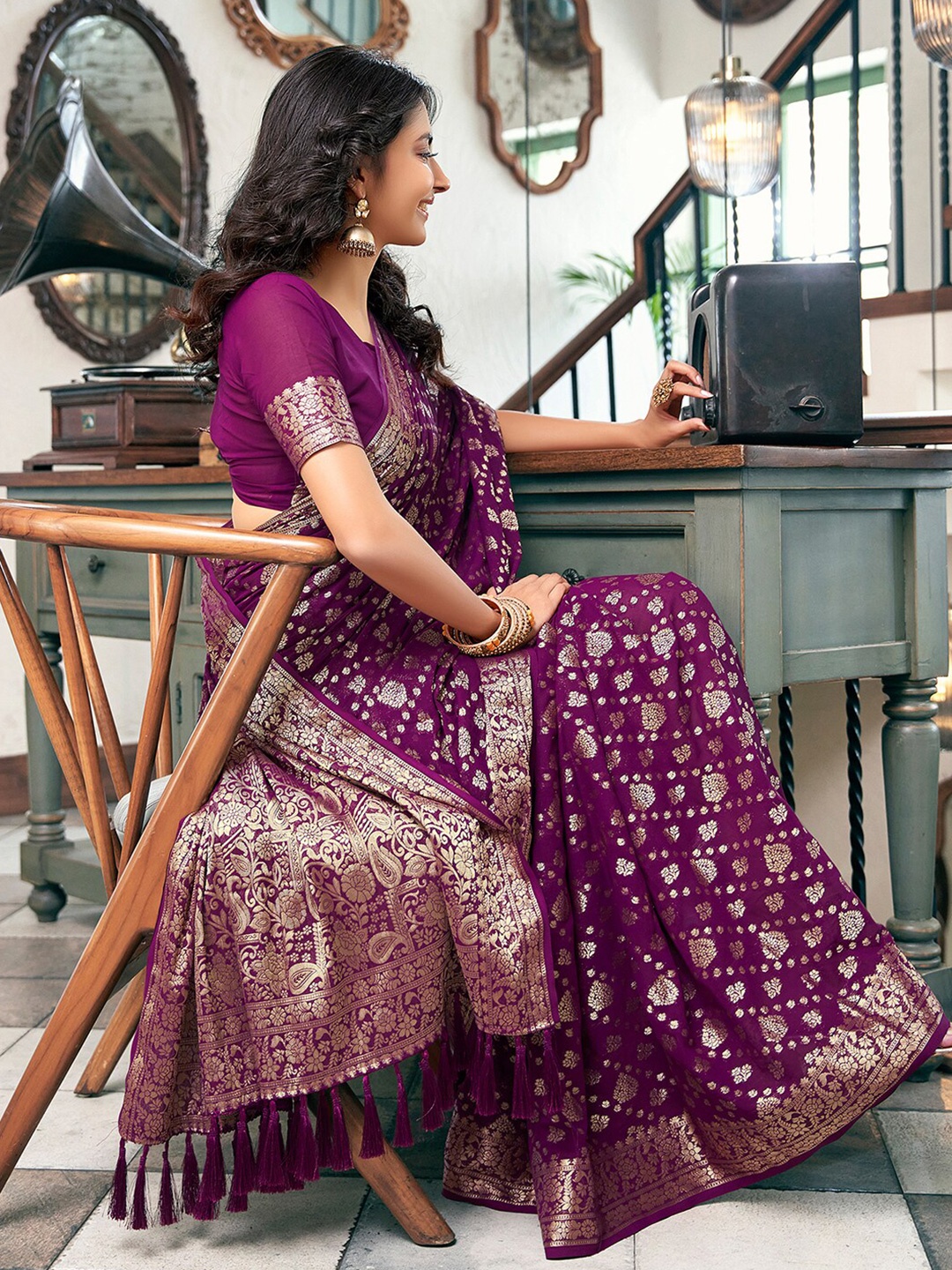 

Satrani Woven Design Zari Banarasi Saree, Purple