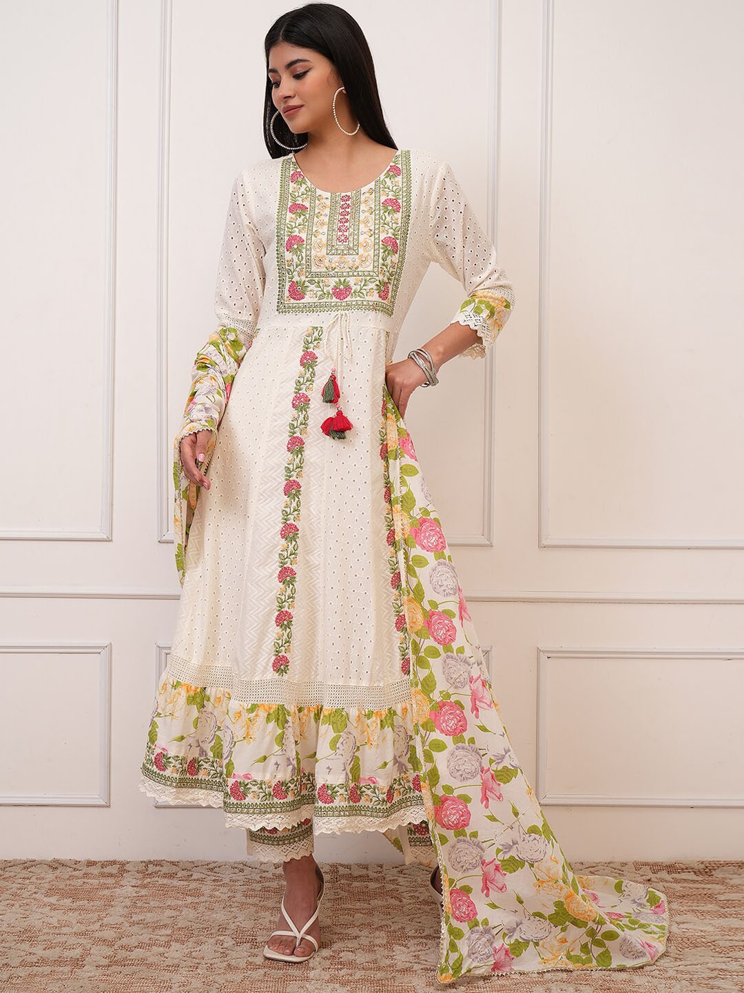 

Vishudh Floral Embroidered Regular Thread Work Pure Cotton Kurta with Trouser & Dupatta, White
