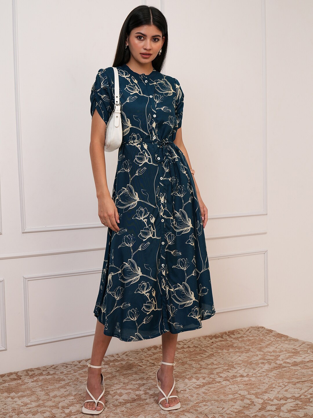 

Vishudh Floral Print Mandarin Collar A-Line Midi Dress, Navy blue