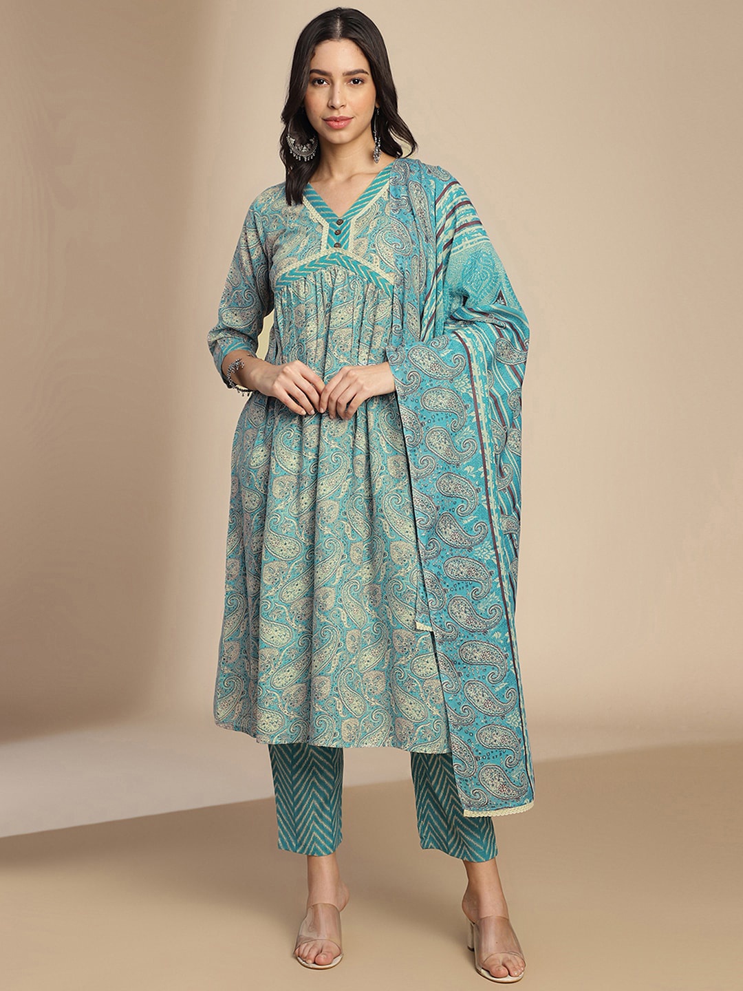 

KALINI Paisley Printed V-Neck Empire Kurta With Trousers & Dupatta, Blue