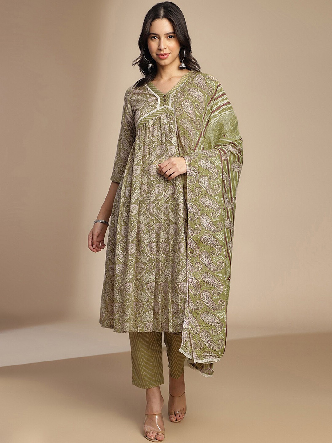 

KALINI Paisley Printed Empire Gotta Patti Kurta with Trousers & Dupatta, Olive