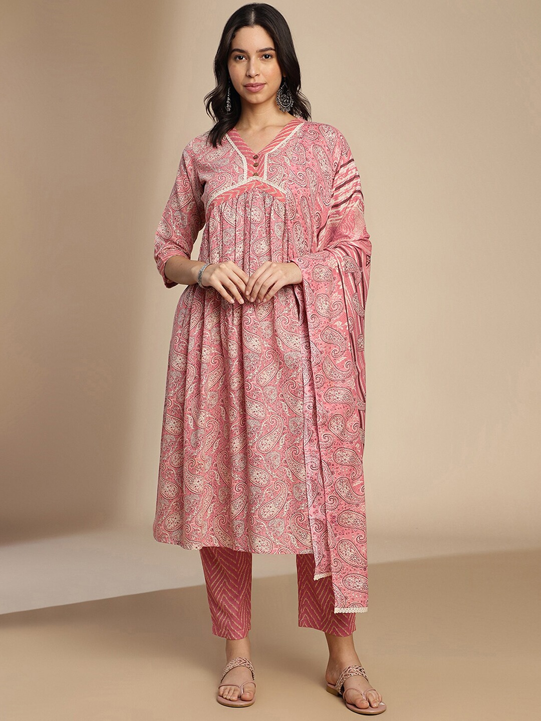 

KALINI Paisley Printed Empire Anarkali Kurta with Trousers & Dupatta, Pink