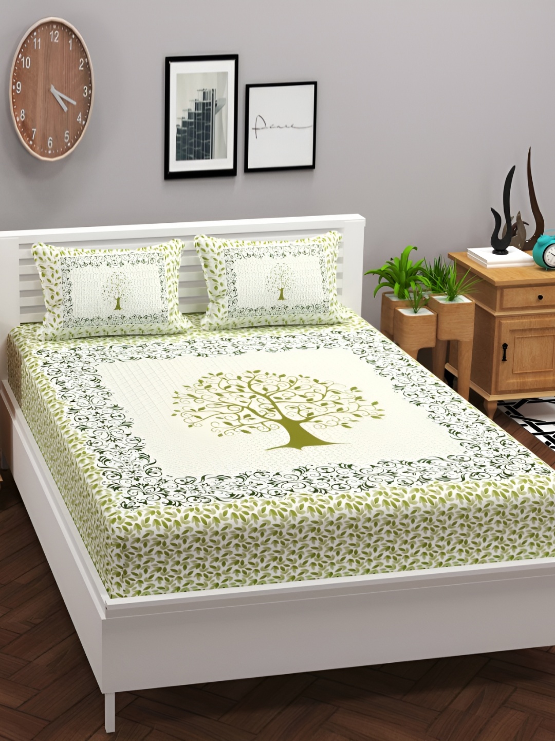 

bsb home Green Ethnic Motifs 220 TC Supersoft Cotton Queen Bedsheet With 2 Pillow Covers