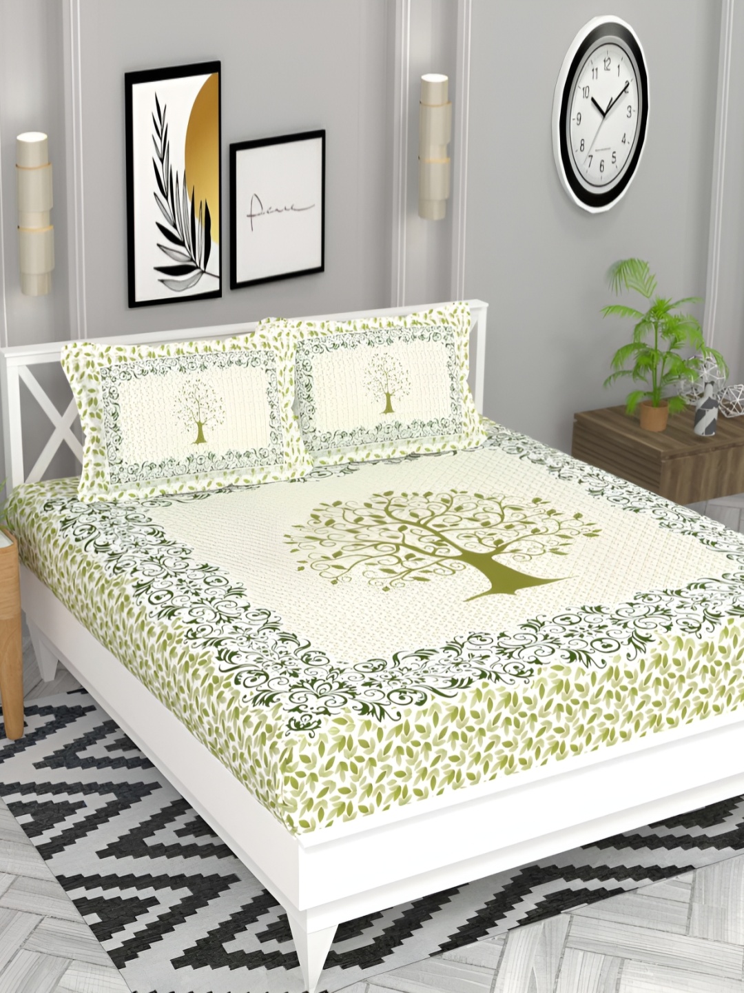 

bsb home Green & White Printed 220 TC Cotton Queen Bedsheet With 2 Pillow Covers