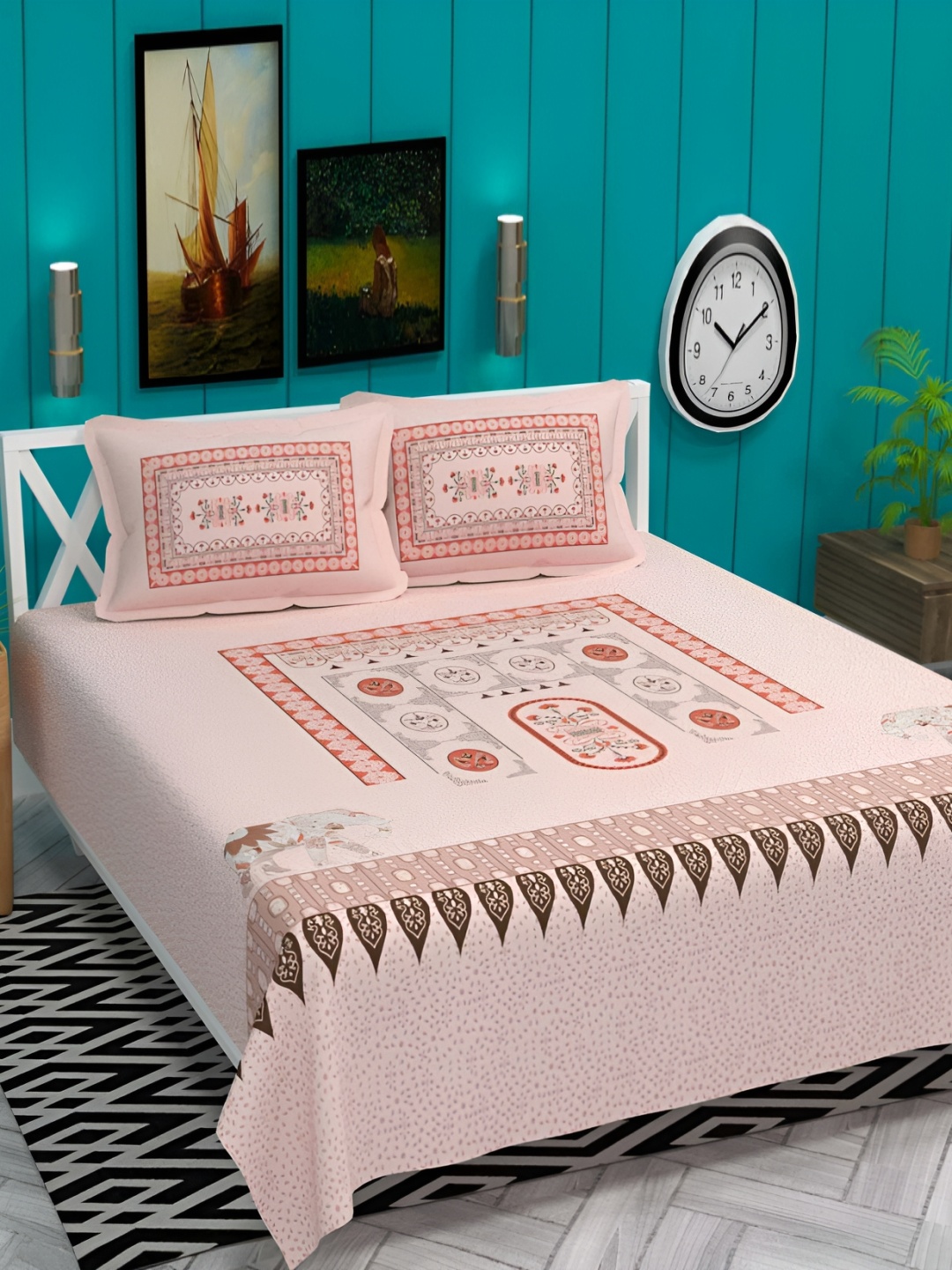 

bsb home Peach- Coloured & Orange Printed 220 TC Cotton Queen Bedsheet & 2 Pillow Covers