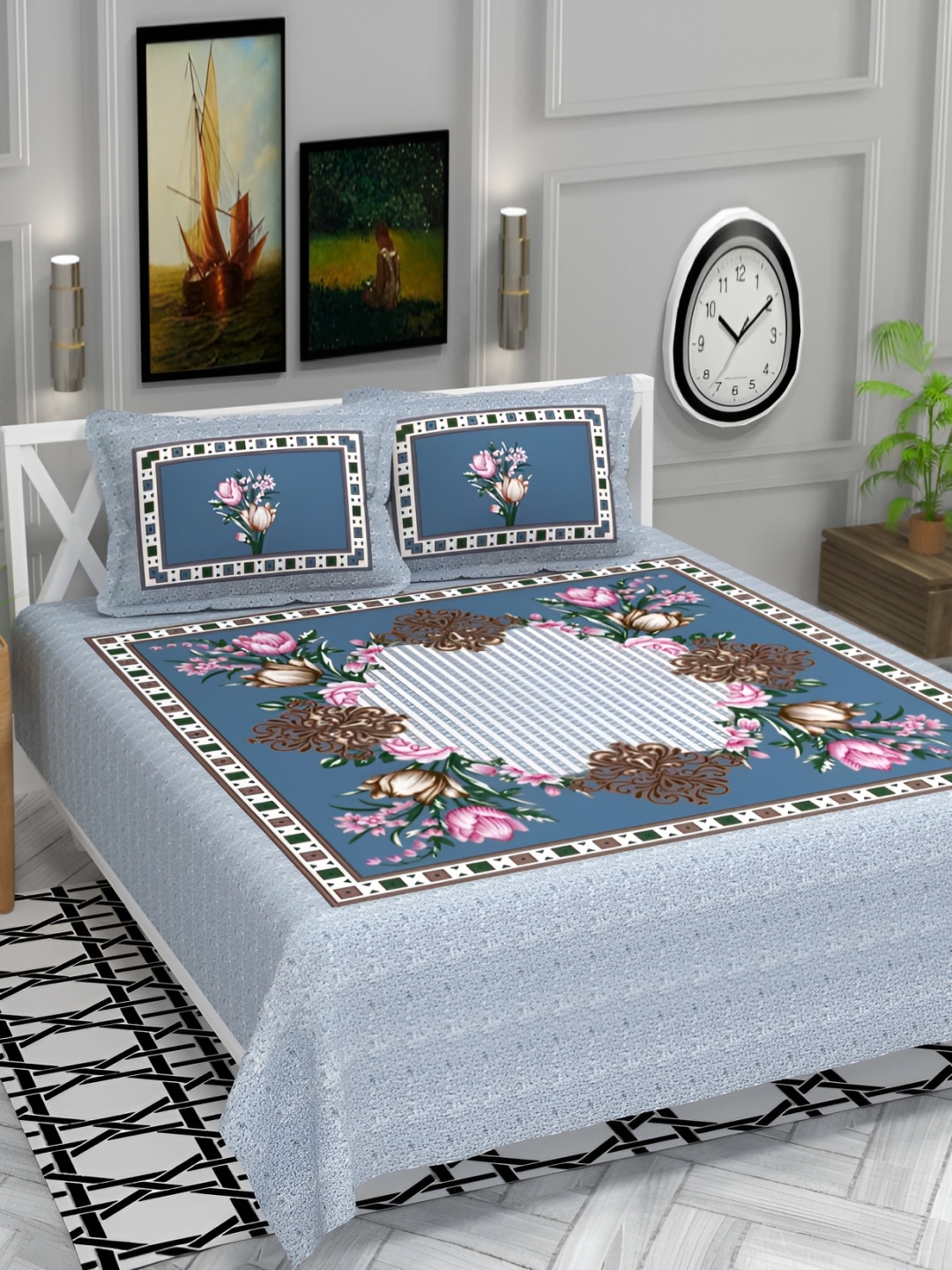 

bsb home Blue & Green 220 TC Cotton Queen Bedsheet With 2 Pillow Covers