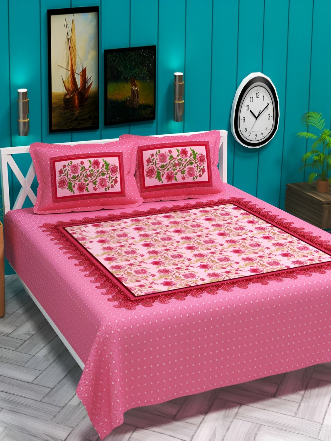 

bsb home Pink & White Floral Printed Cotton 220 TC Queen Bedsheet with 2 Pillow Covers