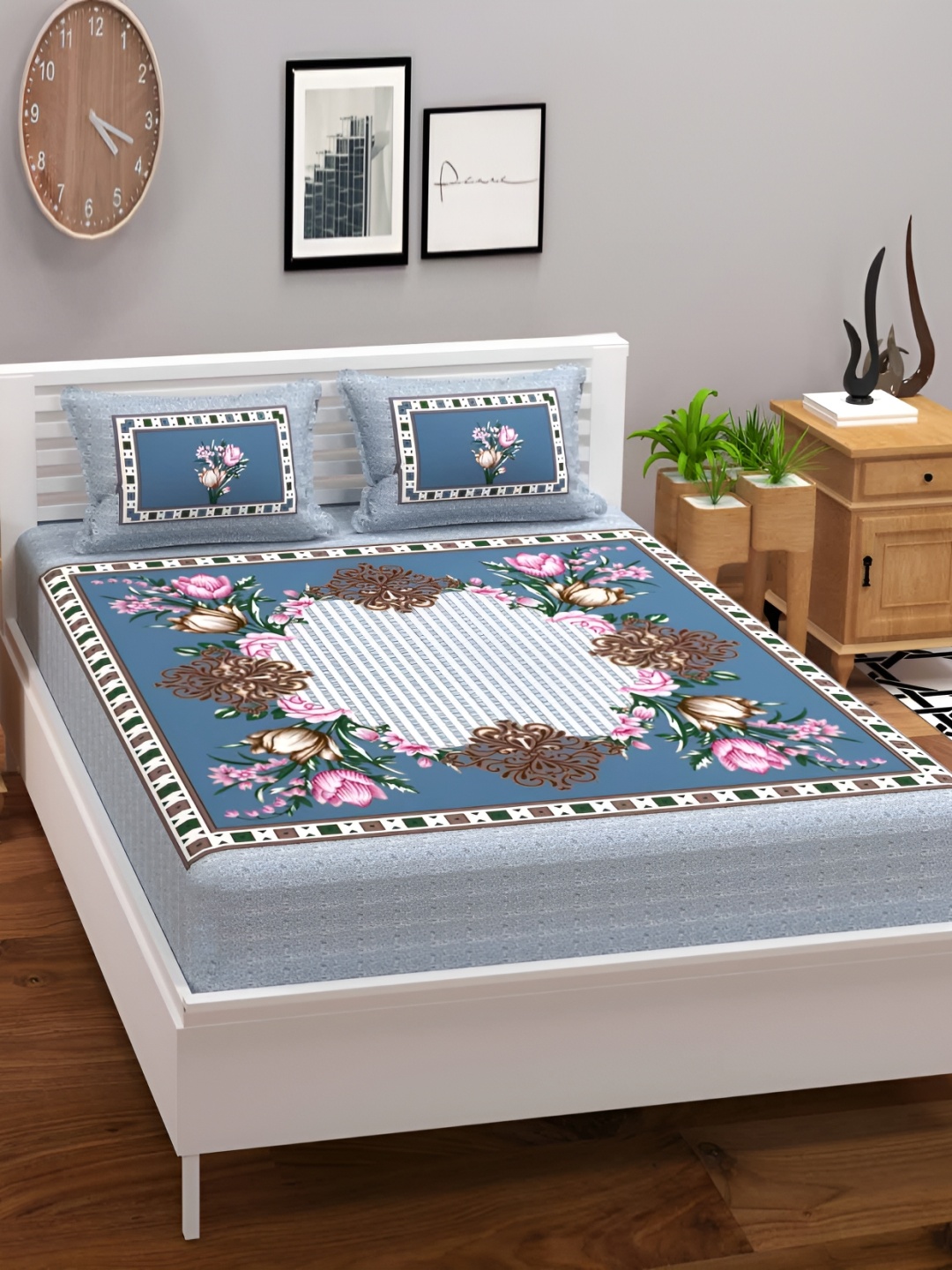 

bsb home Blue Floral 220 TC Cotton Supersoft Queen Bedsheet With 2 Pillow Covers