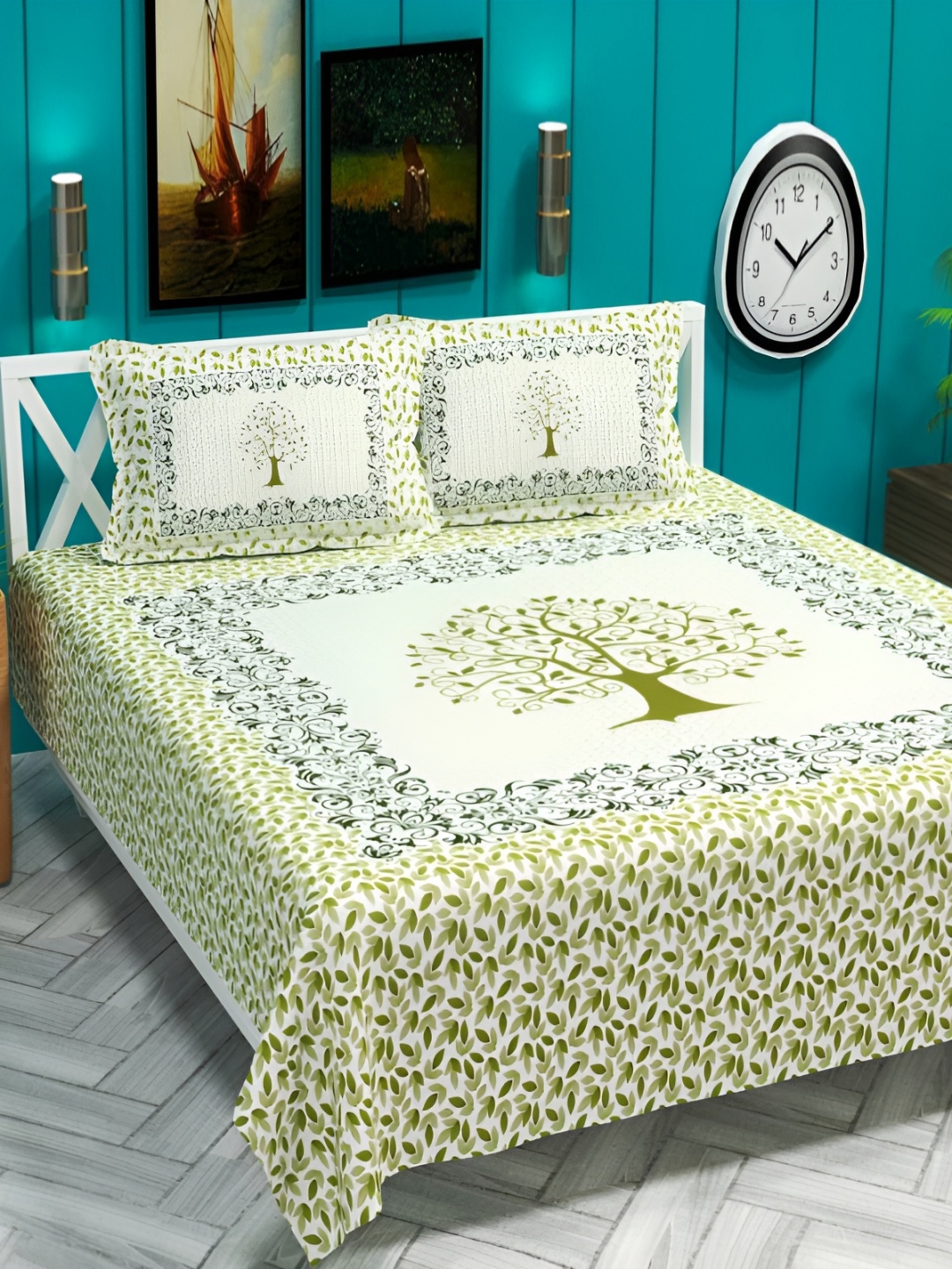 

bsb home Green Ethnic Motifs 220 TC Cotton Supersoft Queen Bedsheet With 2 Pillow Covers