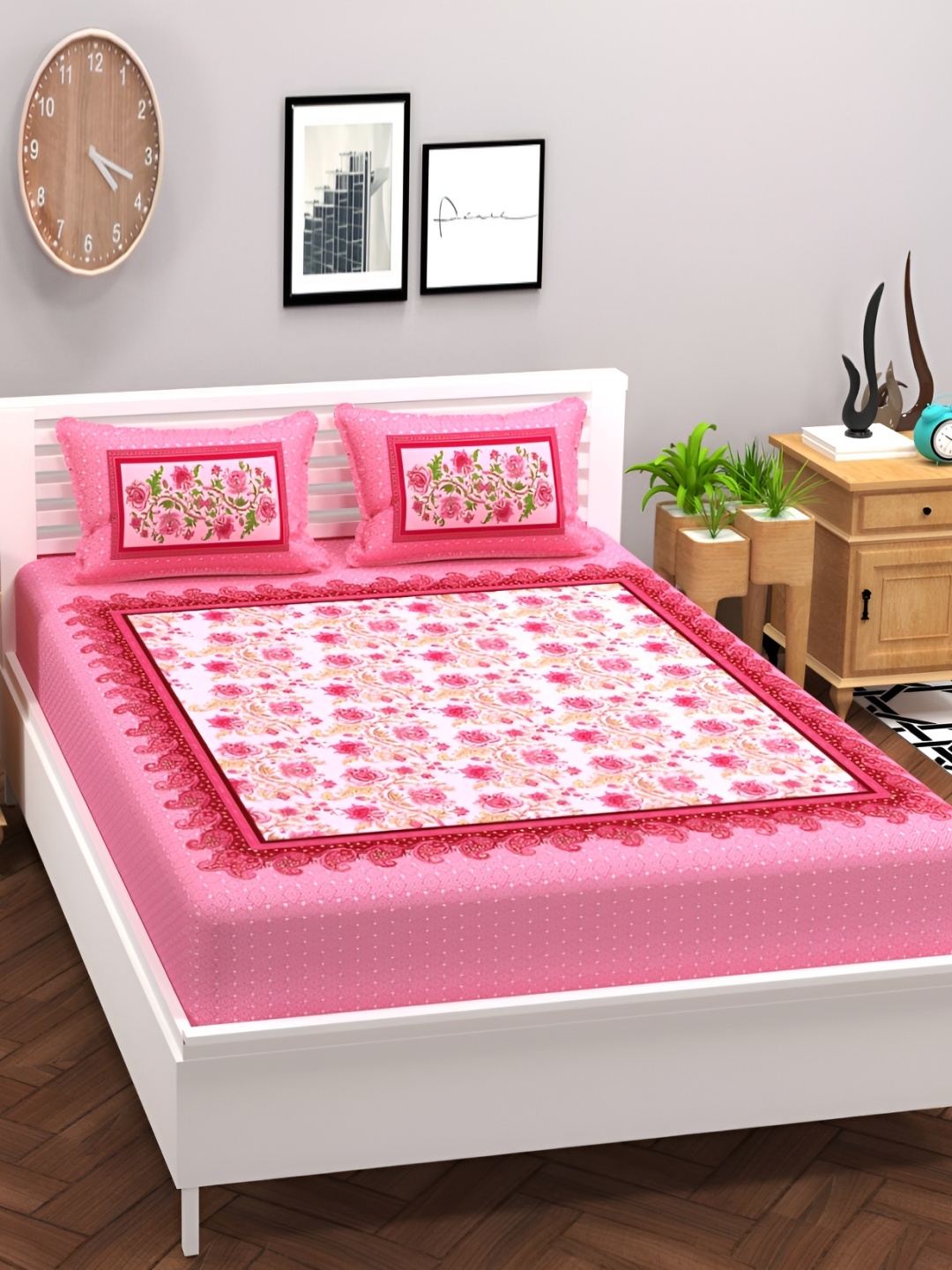 

bsb home Pink Floral 220 TC Cotton Supersoft Queen Bedsheet With 2 Pillow Covers