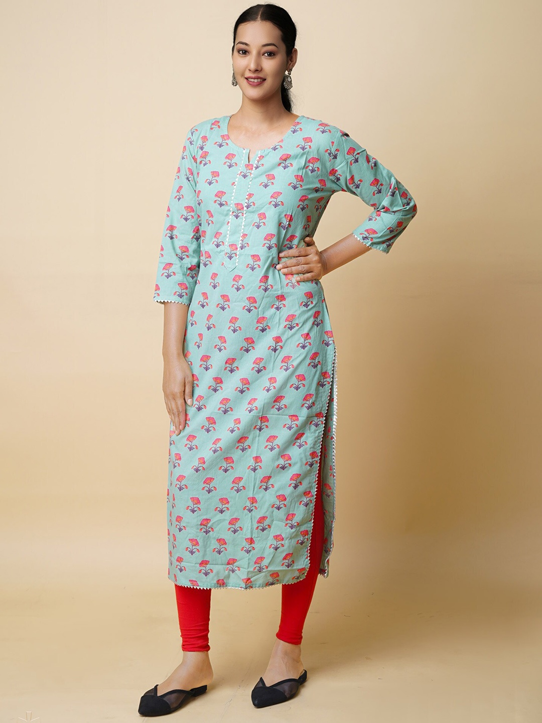 

Unnati Silks Floral Printed Flared Sleeves Gotta Patti Handloom Kurta, Green