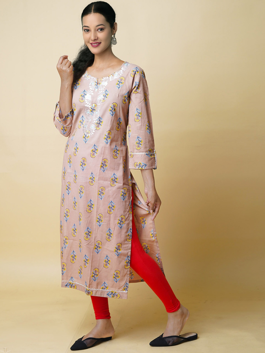 

Unnati Silks Floral Printed Flared Sleeves Cotton Thread Work Handloom Kurta, Brown