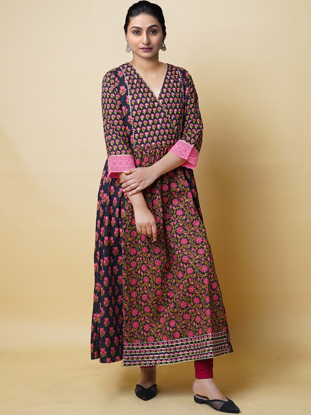 

Unnati Silks Floral Printed Mirror Work Cotton Handloom Anarkali Kurta, Black