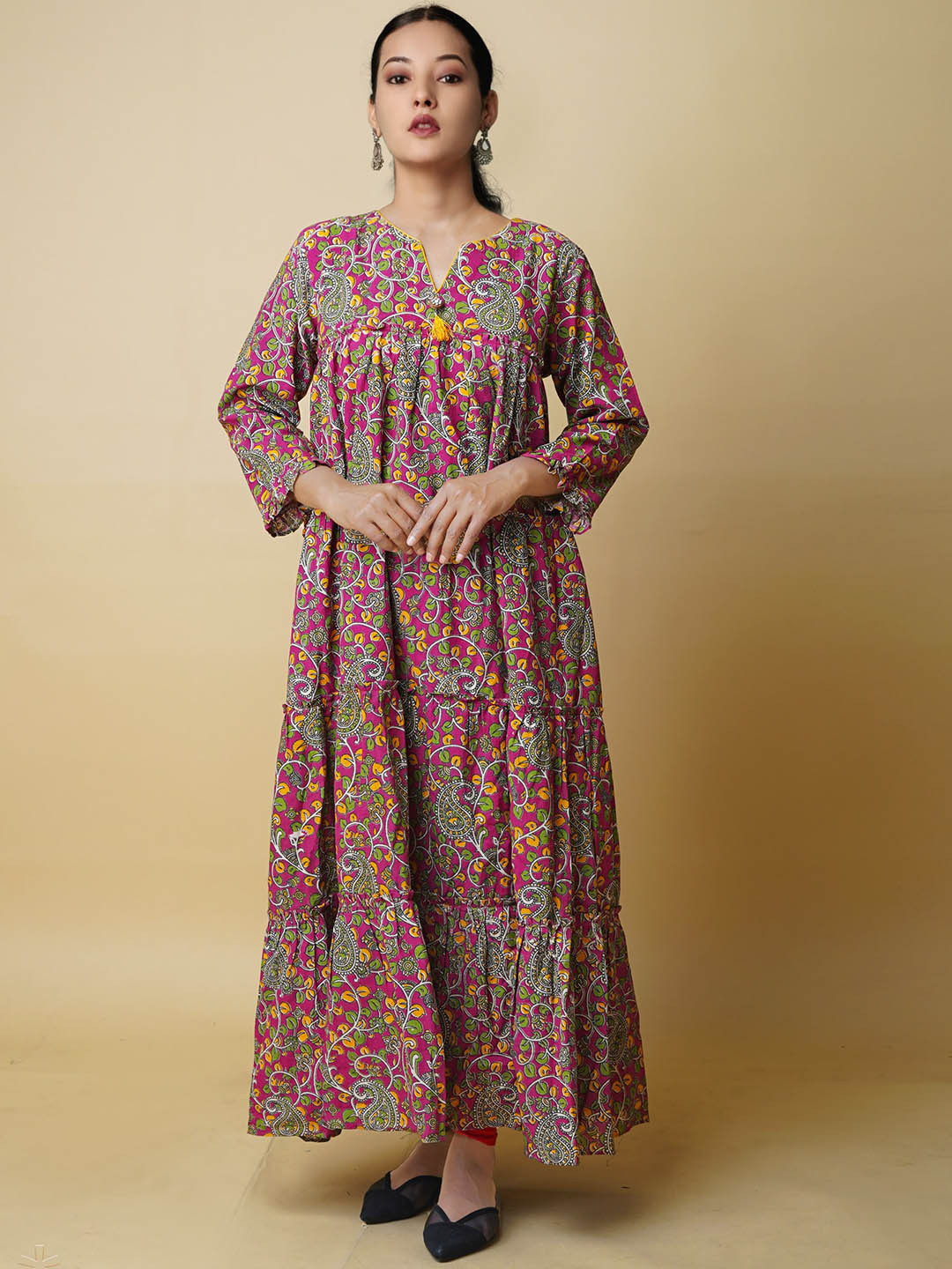 

Unnati Silks Floral Printed Flared Sleeves Sequinned Handloom Anarkali Kurta, Pink