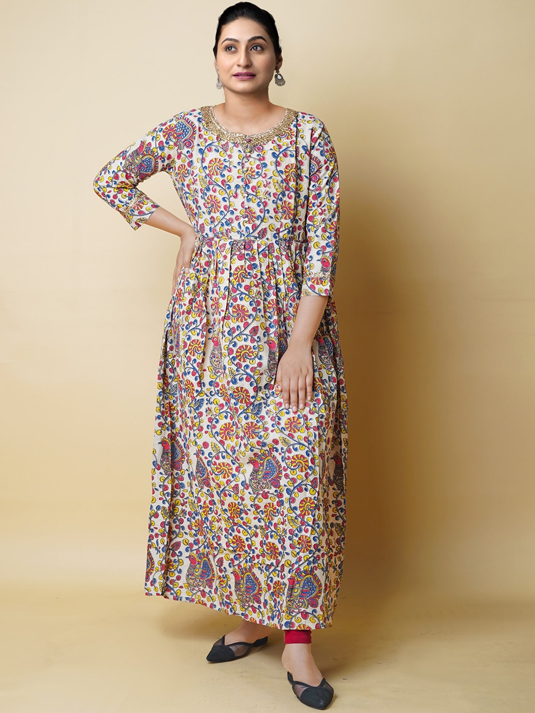 

Unnati Silks Floral Printed Round Neck Kurta, Cream