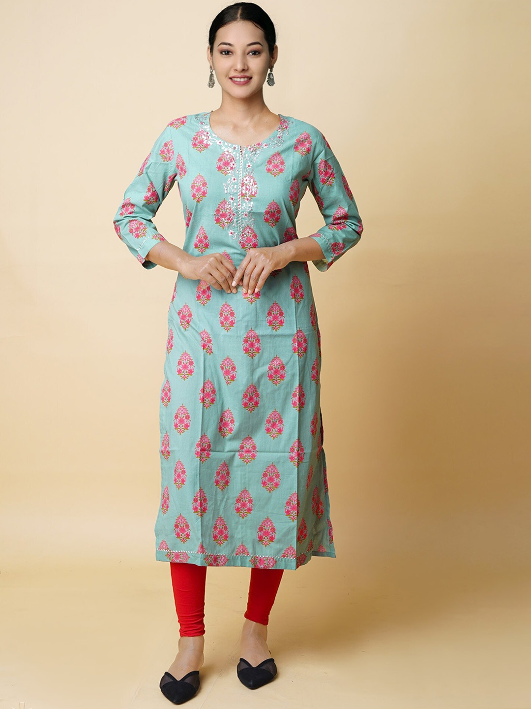 

Unnati Silks Floral Printed Thread Work Cotton Straight Kurta, Green