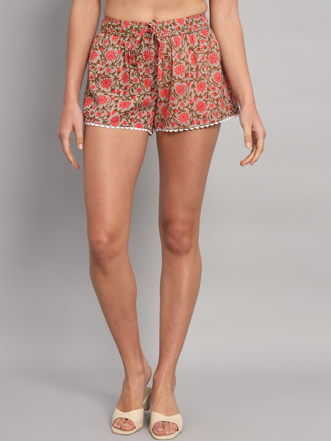 

HANDICRAFT PALACE Women Floral Printed Mid-Rise Cotton Shorts, Beige