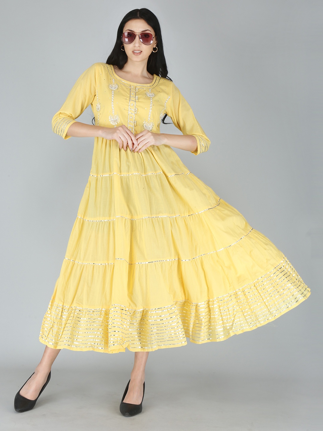 

HIGHLIGHT FASHION EXPORT Embroidered Midi Ethnic Dresses, Yellow