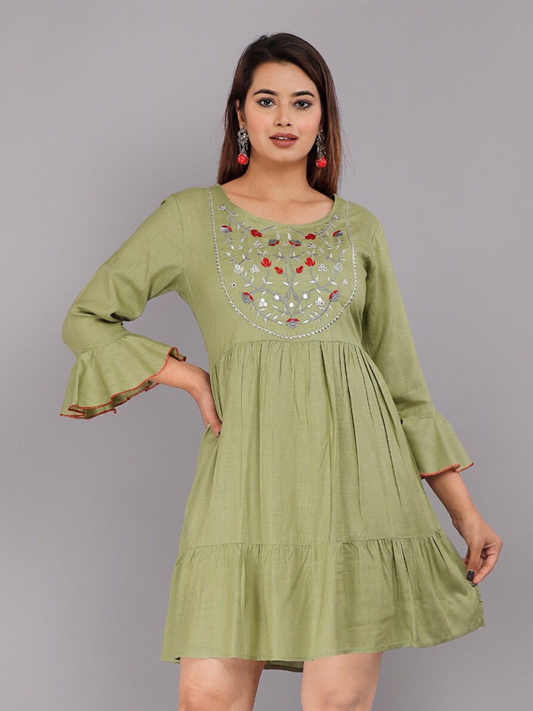 

HIGHLIGHT FASHION EXPORT Floral Embroidered Bell Sleeve Empire Dress, Green