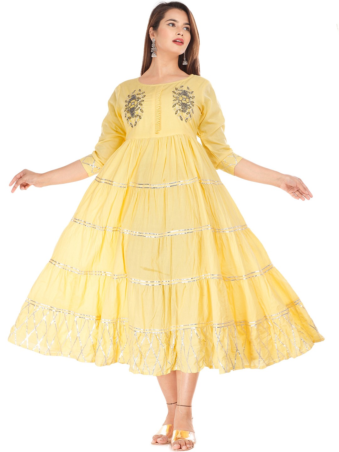 

HIGHLIGHT FASHION EXPORT Ethnic Motifs Round Neck Three-Quarter Sleeves Cotton Dress, Yellow