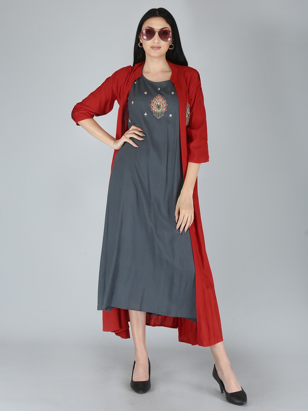 

HIGHLIGHT FASHION EXPORT A-Line Midi Ethnic Dress, Maroon