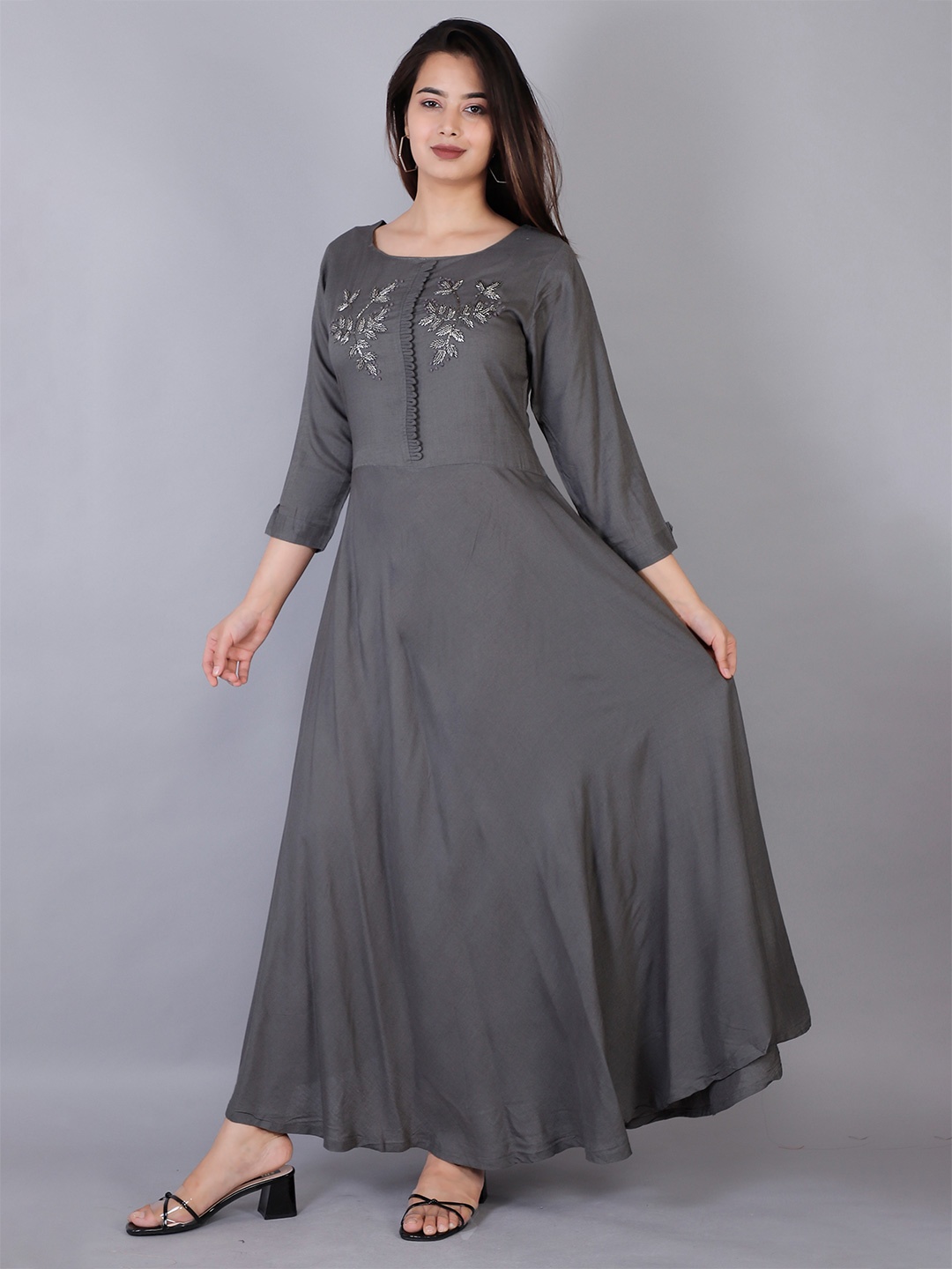 

HIGHLIGHT FASHION EXPORT Maxi Floral Embellished Ethnic Dress, Grey