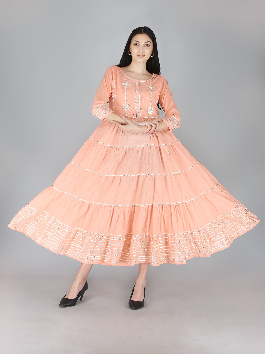 

HIGHLIGHT FASHION EXPORT Embellished Cotton Fit & Flare Midi Ethnic Dress, Pink