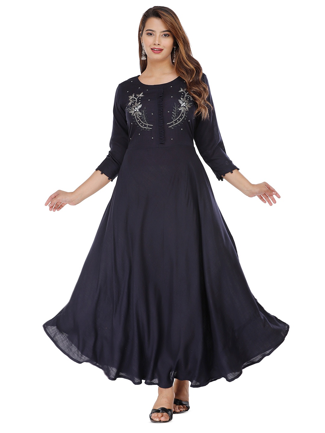 

HIGHLIGHT FASHION EXPORT Embellished Round Neck Three-Quarter Sleeves Maxi Dress, Blue